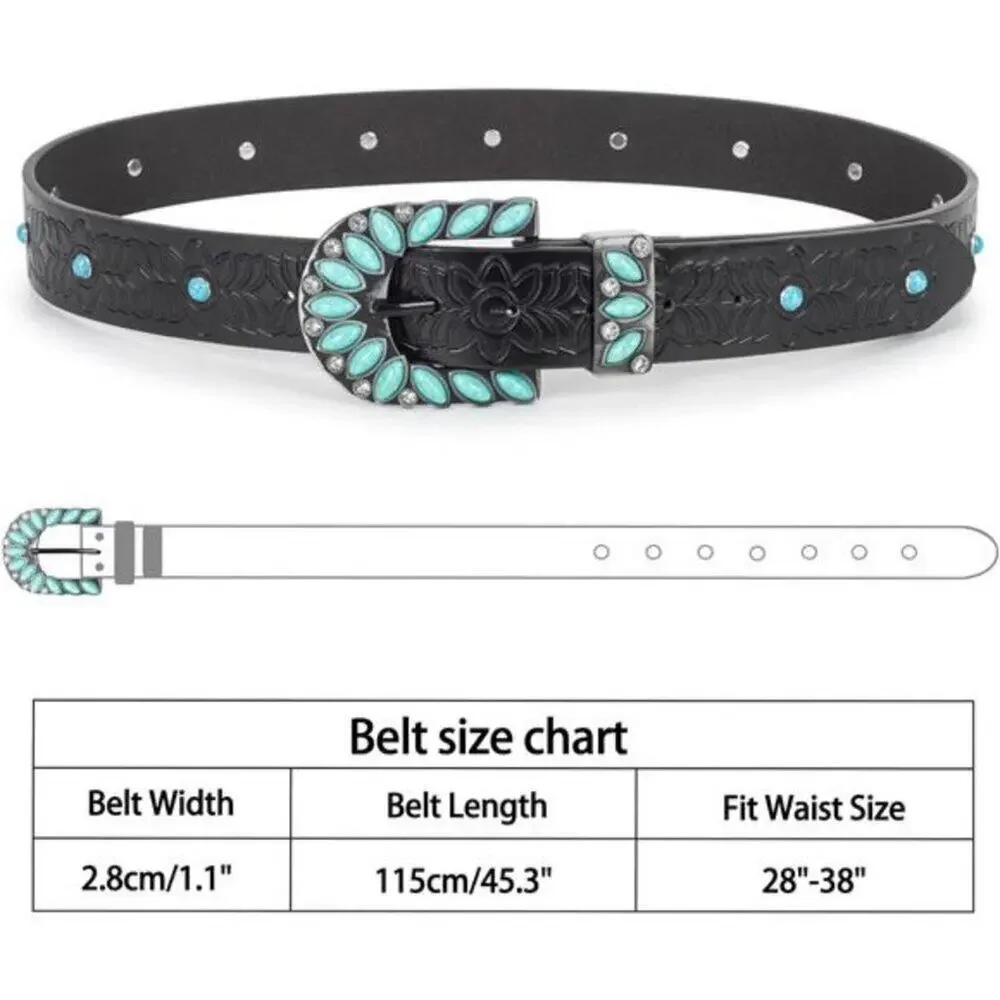 Women’s Western Turquoise Cowgirl Black Leather Belt for Jeans & Pants 42
